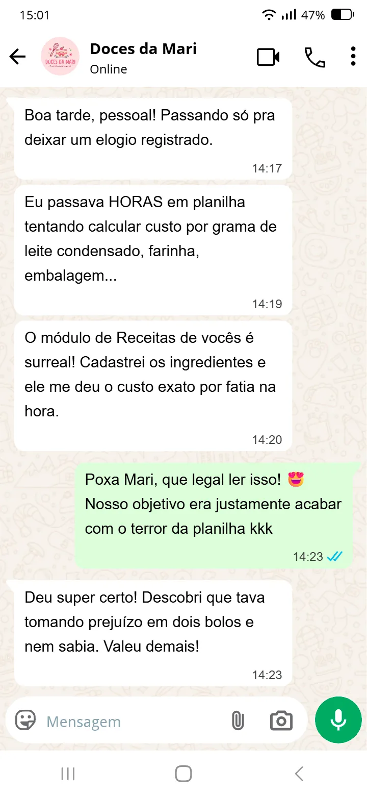Conversa real de cliente da Precificação Certa — depoimento 1 de 5